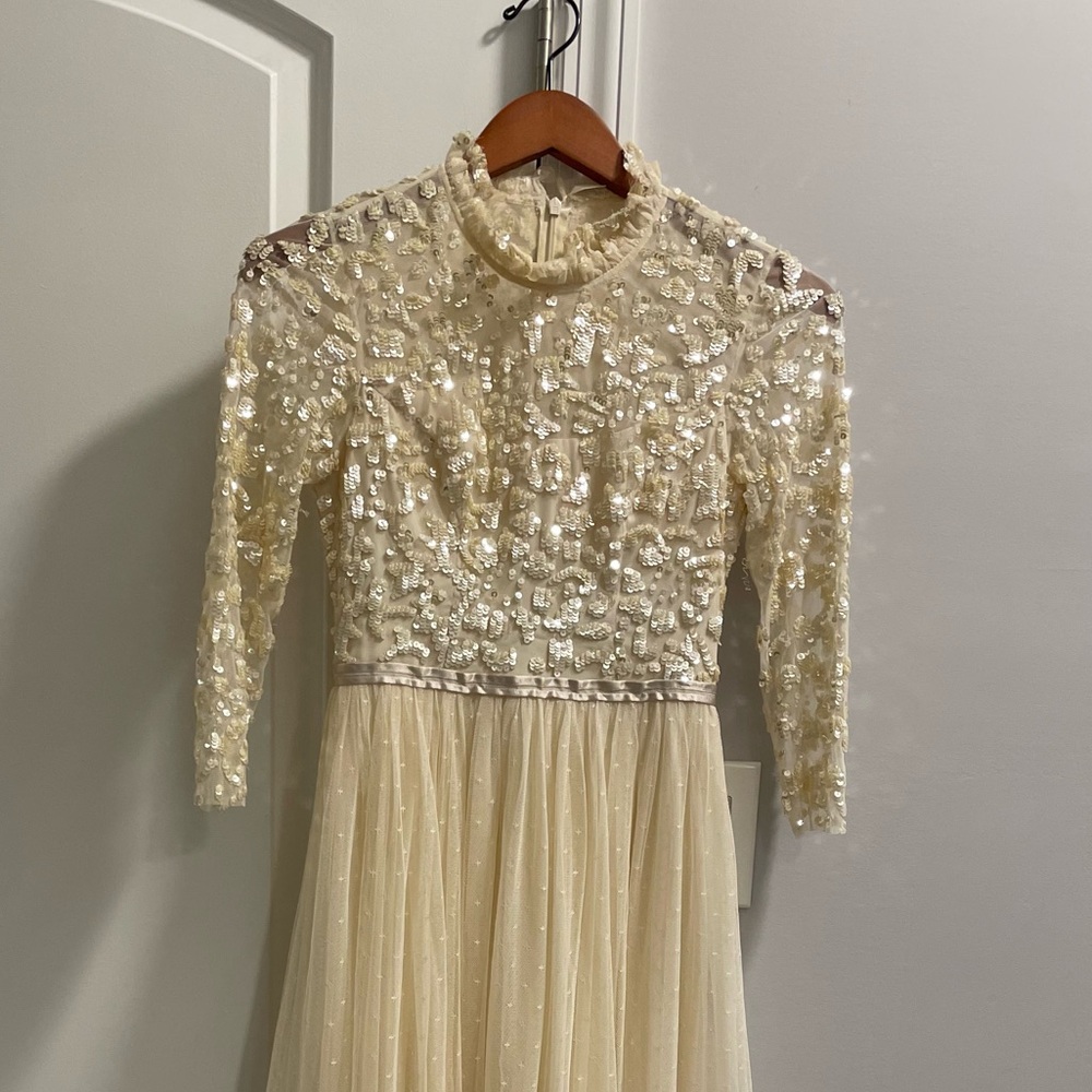 Elegant Cream needle and thread midi long sleeve dress